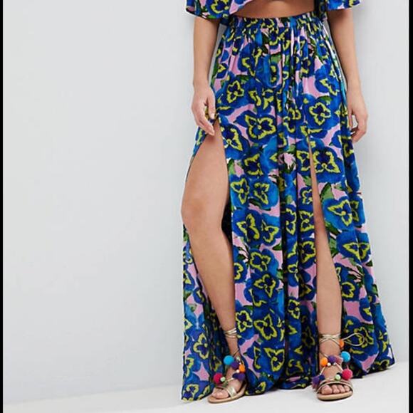ASOS swim cover up skirt high slits pansy print Sz 2 - Picture 1 of 11